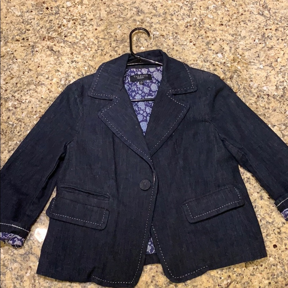 Talbots denim sports coat navy, white, and flowers